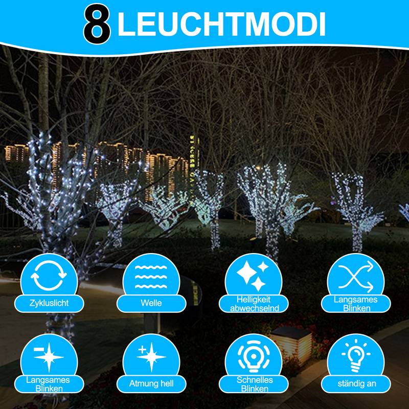 30M 300LEDs Solar Lichterkette 8 Beleuchtungsmodell IP44 Wasserdicht Außen Garten Party Weihnachten Deko Kaltweiß 2 Stück