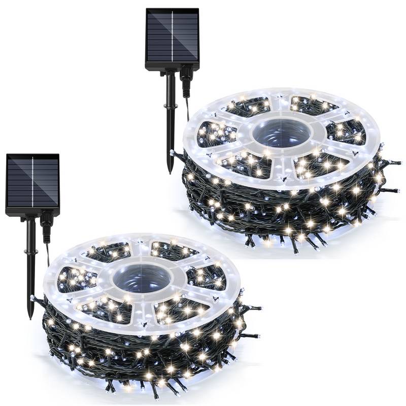 30M 300LEDs Solar Lichterkette 8 Beleuchtungsmodell IP44 Wasserdicht Außen Garten Party Weihnachten Deko Kaltweiß 2 Stück