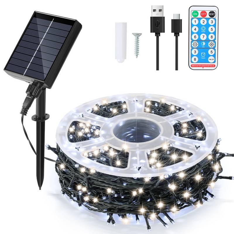 100M 1000LEDs Solar Lichterkette 8 Beleuchtungsmodell IP44 Wasserdicht Außen Garten Party Weihnachten Deko Kaltweiß 2 Stück