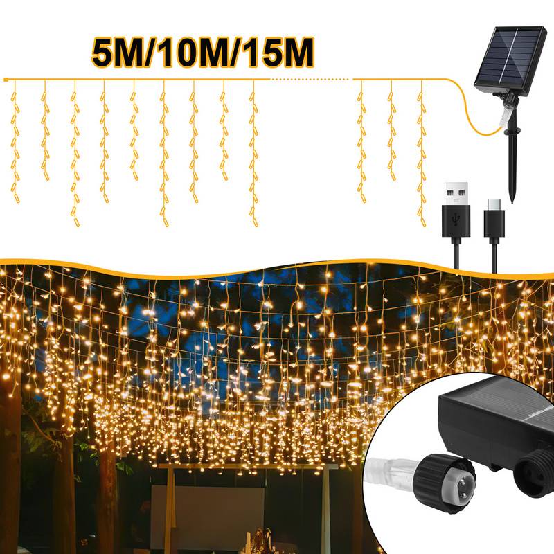 10M 396LEDs Solar Lichterkette Aussen LED Lichterkette LED Lichtervorhang Weihnachtsbeleuchtung IP44 Wasserdicht Warmweiß