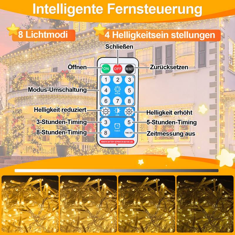 10M 396LEDs Solar Lichterkette Aussen LED Lichterkette LED Lichtervorhang Weihnachtsbeleuchtung IP44 Wasserdicht Warmweiß