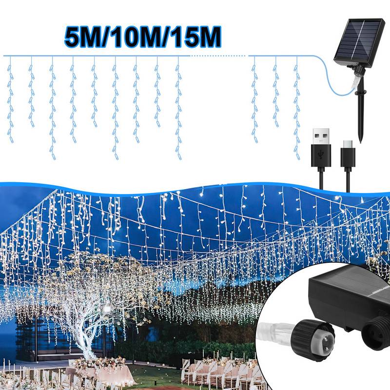 2x 15M 600LEDs Solar Lichterkette Aussen LED Lichterkette LED Lichtervorhang Weihnachtsbeleuchtung IP44 Wasserdicht Kaltweiß