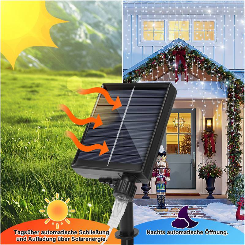 5M 198LEDs Solar Lichterkette Aussen LED Lichterkette LED Lichtervorhang Weihnachtsbeleuchtung IP44 Wasserdicht Kaltweiß