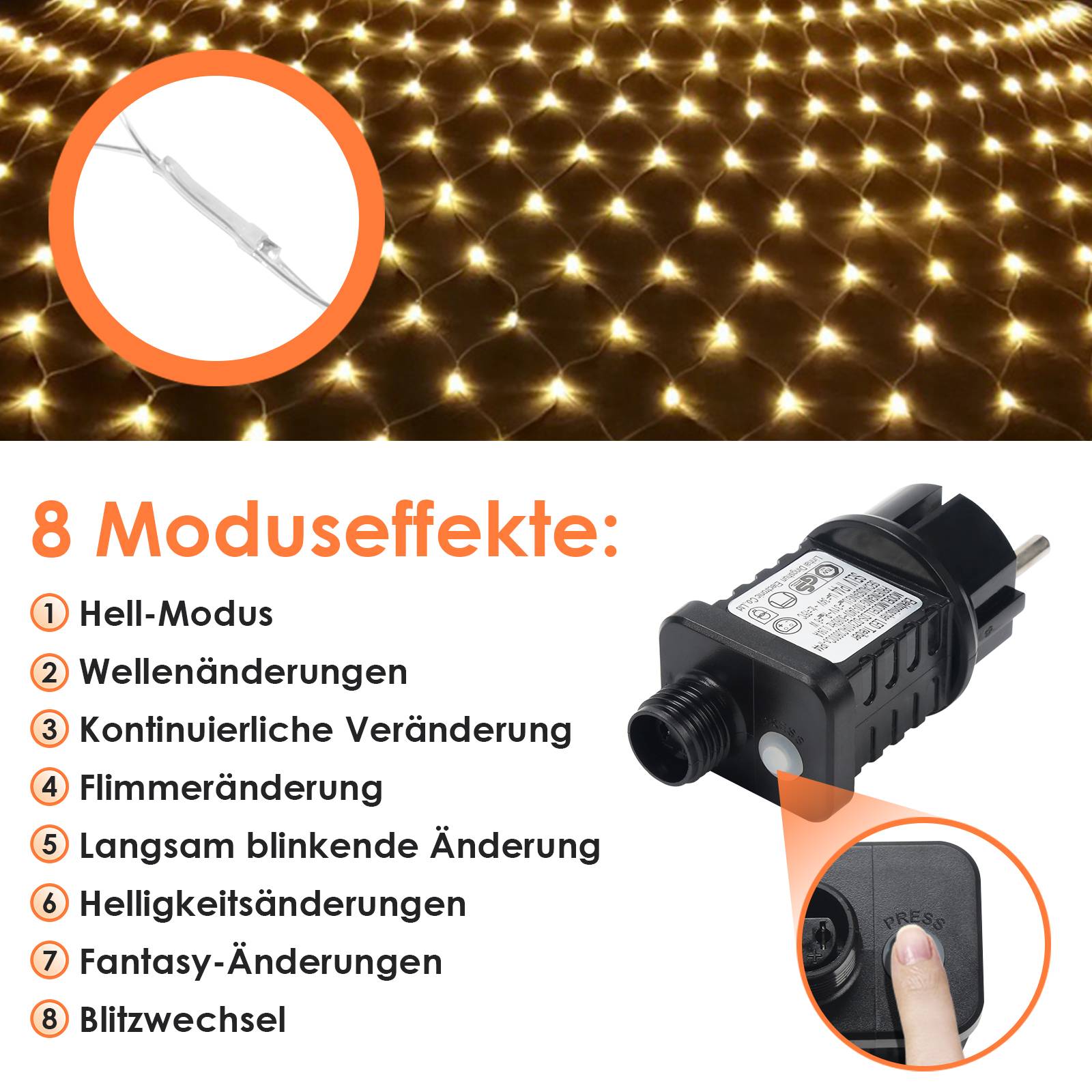 3x2M LED Solar Lichternetz Warmweiß 8 Lichtmodi Lichterkette Wasserdicht für Außen Party Garten Deko