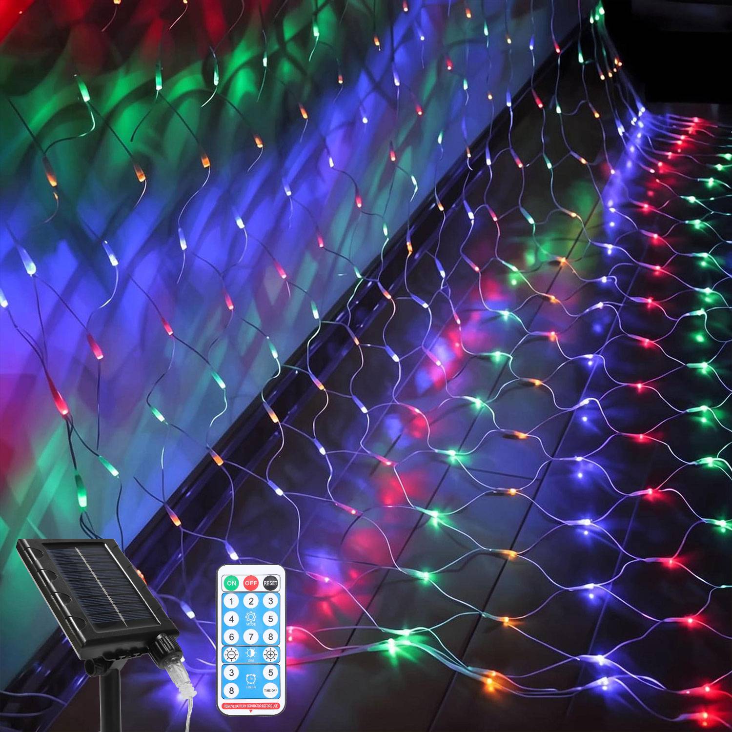 LED Solar Lichternetz 2x2M Bunt Lichterkette Weihnachtsbeleuchtung Lichtervorhang Innen Außen Deko 8 Modi IP44