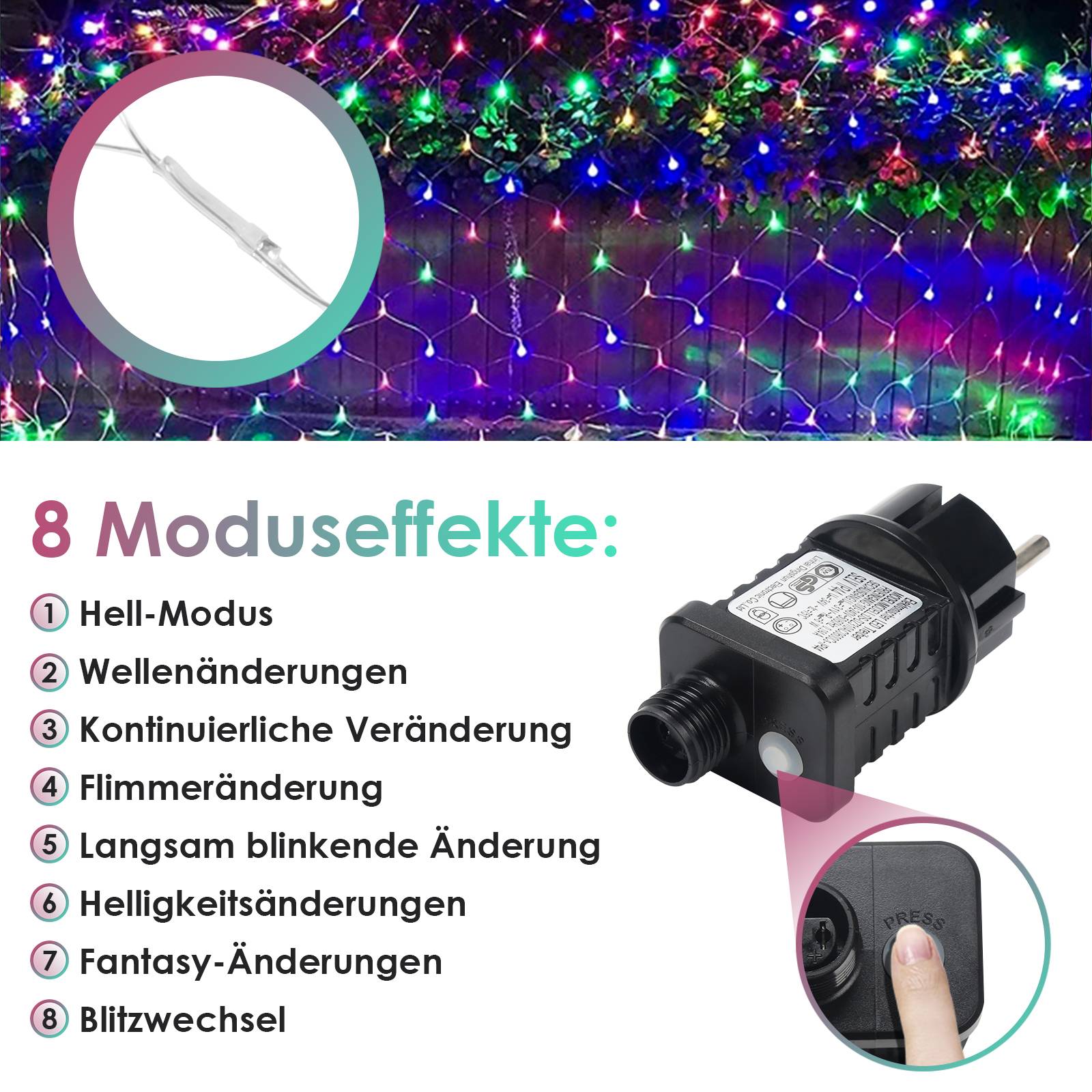 2x2M LED Solar Lichternetz Bunt 8 Lichtmodi Lichterkette Wasserdicht für Außen Party Garten Deko
