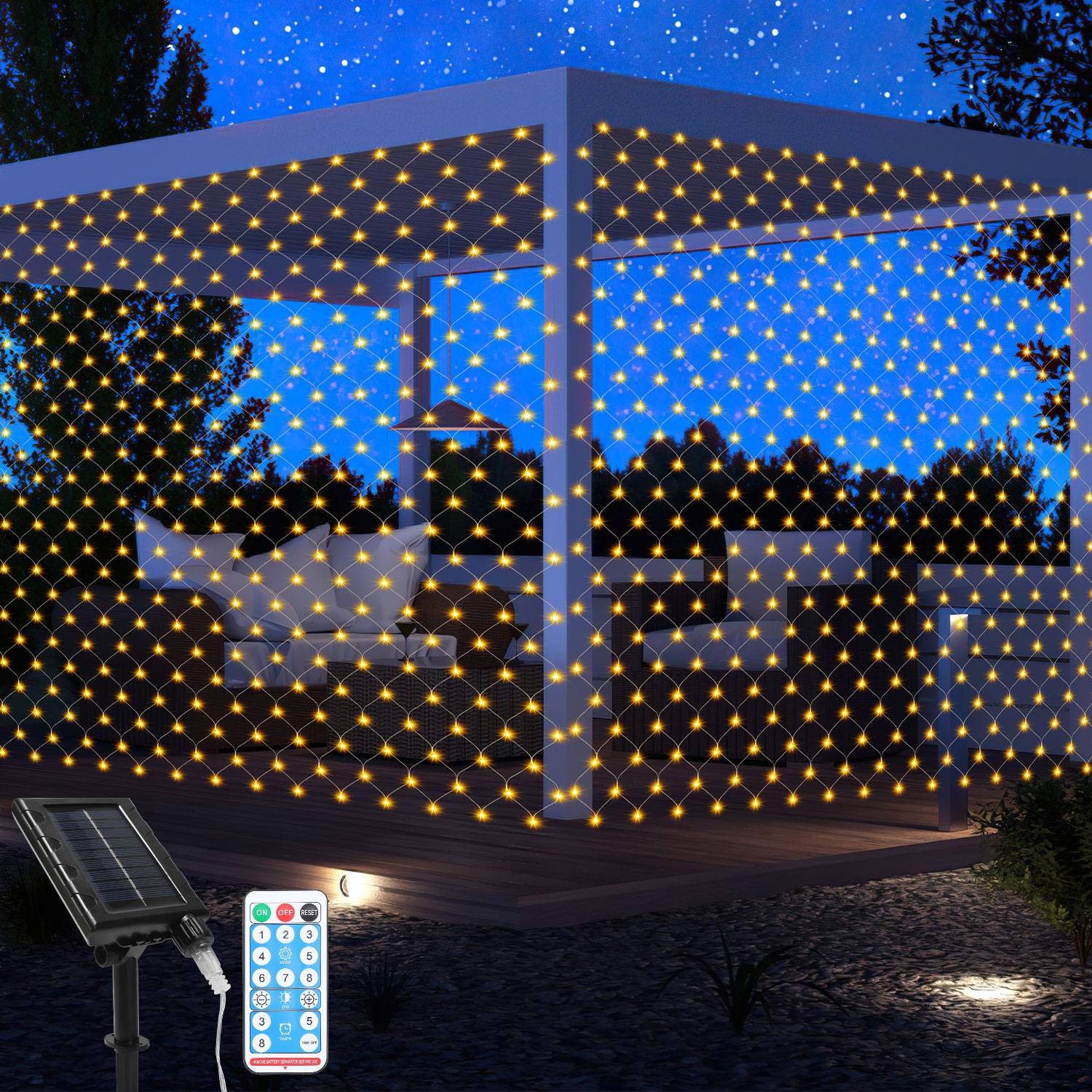 Solar Lichternetz Lichterkette 1.5M x 1.5M Lichtervorhang Mit Fernbedienung Timer Weihnachten Party Garten Deko Warmweiß