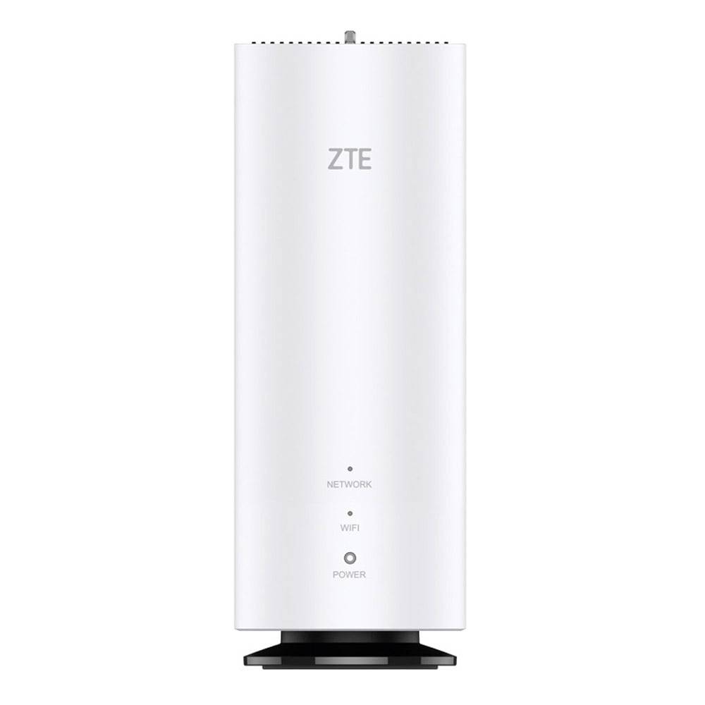 Ein weißer ZTE Home-Router mit dem Schriftzug 'ZTE' am oberen Rand. Darunter befinden sich vertikale Indikatorleuchten für Netzwerk, WLAN und Stromversorgung.