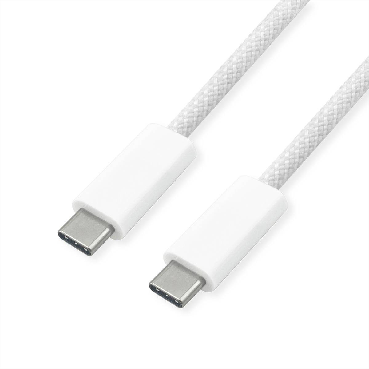 Zwei weiße USB-C-Kabel auf weißem Hintergrund, beide Enden mit Metallsteckern zeigend, entworfen zum Aufladen und zur Datenübertragung.