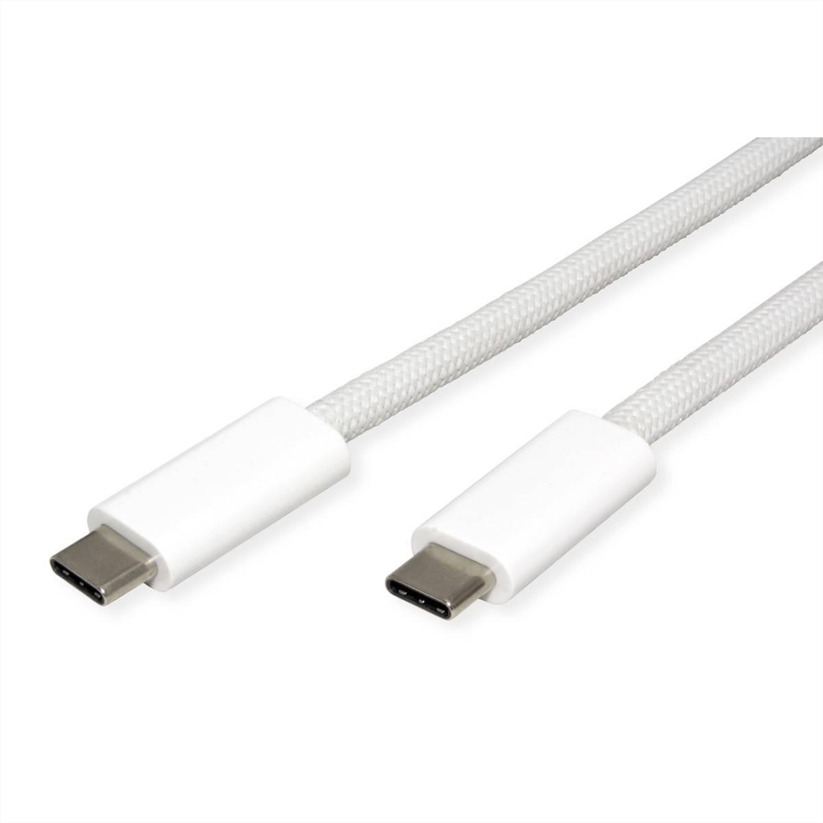 Ein weißes, geflochtenes USB-C-auf-USB-C-Kabel wird vor weißem Hintergrund gezeigt und hebt seine Anschlüsse hervor.