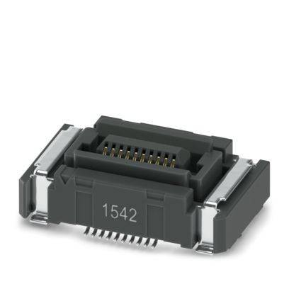 Ein rechteckiger schwarzer elektronischer Stecker mit mehreren Metallstiften und der Nummer 