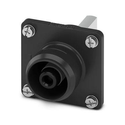 Ein schwarzes quadratisches Gehäuse mit einem zentralen runden Anschluss, das durch vier Schrauben befestigt wird und für elektrische oder Datenverbindungen verwendet wird.