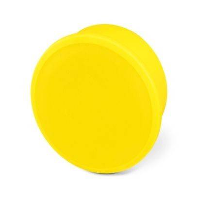Ein leuchtend gelbes schebenförmiges Objekt mit einer glatten, ebenen Oberfläche und abgerundeten Kanten, isoliert vor weißem Hintergrund.