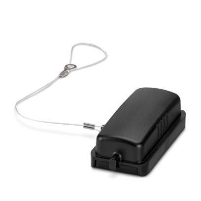 Ein schwarzes Alarmsicherungsetikett mit angebrachtem Kabel, das im Einzelhandel zur Diebstahlprävention verwendet wird.