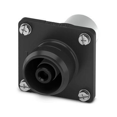 Eine Nahaufnahme einer schwarzen Montagefassung mit vier Schrauben in jeder Ecke, die für eine sichere Befestigung konzipiert ist, möglicherweise für einen elektrischen Stecker.