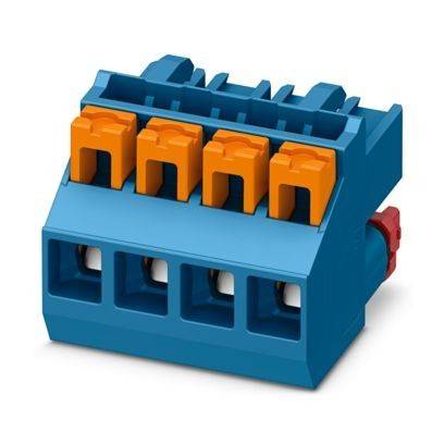 Ein grau-oranger Klemmenblockstecker mit vier Drahteintrittspunkten, der für elektrische Verbindungen verwendet wird.
