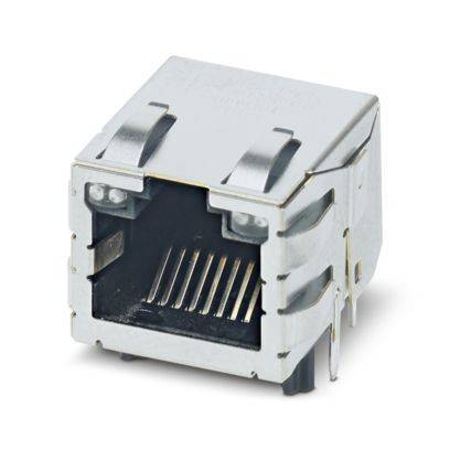 Nahaufnahme eines metallenen RJ45-Netzwerkports mit rechteckiger Form und Stiftverbindern, verwendet für Ethernet-Kabelverbindungen.