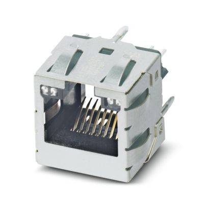 RJ45-Buchse' mit metallischem Gehäuse und intern vergoldeten Stiften, die häufig für Ethernet-Verbindungen in Netzwerkgeräten verwendet wird.