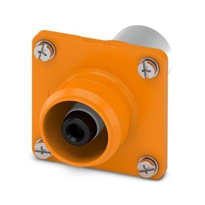 Eine orange Wandsteckdose mit Schutzgehäuse und Metallschrauben an jeder Ecke, entwickelt für sichere elektrische Verbindungen.