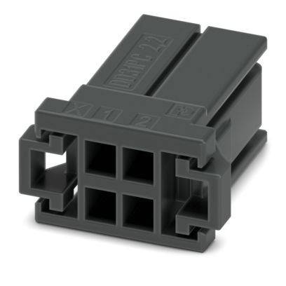 Ein schwarzer, rechteckiger 2-poliger Elektrostecker mit gekennzeichneten Markierungen, verwendet für elektronische Verkabelung und Schaltkreisverbindungen.