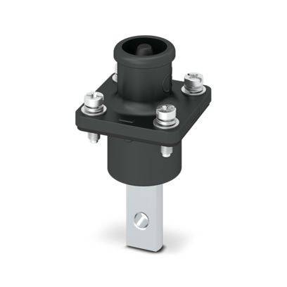 Eine schwarze, zylindrische mechanische Komponente mit quadratischer Basis und herausragendem Metallschaft, mit vier sichtbaren Befestigungsbolzen.