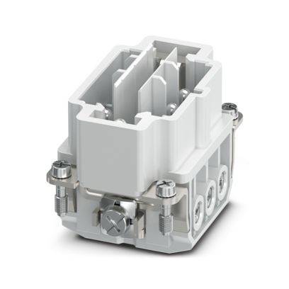 Ein weißer, rechteckiger Elektroanschluss mit mehreren Schlitzen und Schraubklemmen, der für industrielle Verdrahtungsanwendungen verwendet wird.