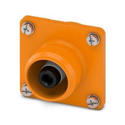Ein orangefarbener industrieller Steckverbinder von 'Phoenix Contact' mit einer zylindrischen Erweiterung und vier Befestigungsschrauben an den Ecken für eine sichere Montage.