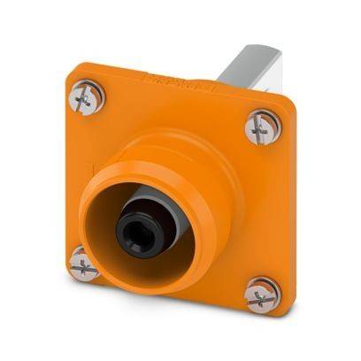 Eine Nahaufnahmeaufnahme einer orangefarbenen elektrischen Steckdosenkomponente, die aus einem Winkel betrachtet wird und vier Schraublöcher sowie eine zylindrische Öffnung in der Mitte zeigt.