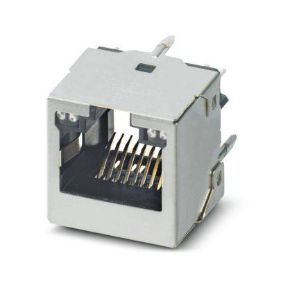 Netzwerk-RJ45-Buchse mit Metallgehäuse, zeigt vergoldete Kontaktstifte im Inneren für zuverlässige Datenübertragung. Wird für Ethernet-Verbindungen verwendet.