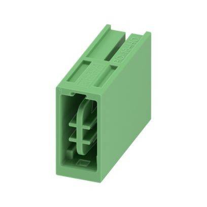 Ein grünes Terminalblock mit Kunststoffgehäuse, das für elektrische Verbindungen konzipiert ist und Schlitze für sichere Drahtbefestigung aufweist.