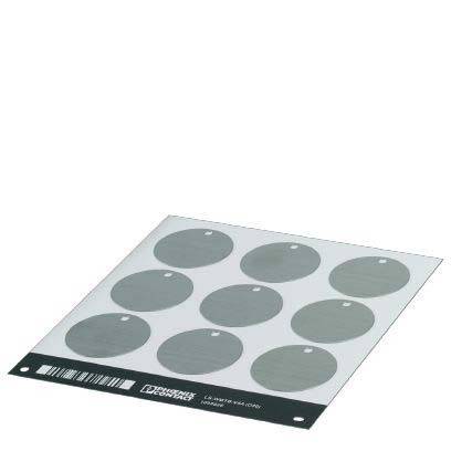 Ein Blatt mit neun runden grauen Flecken, die jeweils einen kleinen weißen Punkt aufweisen und in einem 3x3-Raster auf einem durchsichtigen Kunststoffhintergrund angeordnet sind.