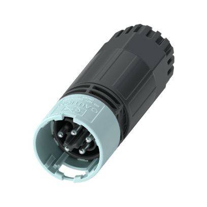 Ein grün und schwarz gefärbter elektrischer Stecker mit mehreren Pins, entwickelt für Audio- und Videogeräte. Er verfügt über einen Verriegelungsmechanismus.