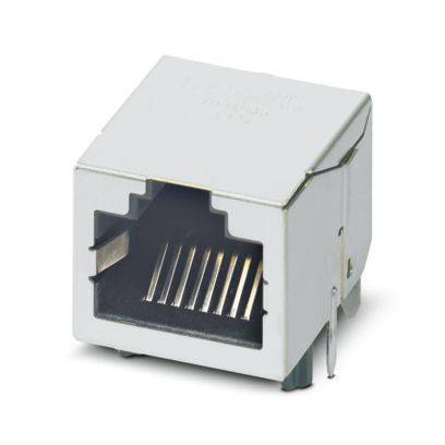 Eine Nahaufnahme eines RJ45-Ethernet-Steckers mit Metallkontakten in einem rechteckigen Metallgehäuse.