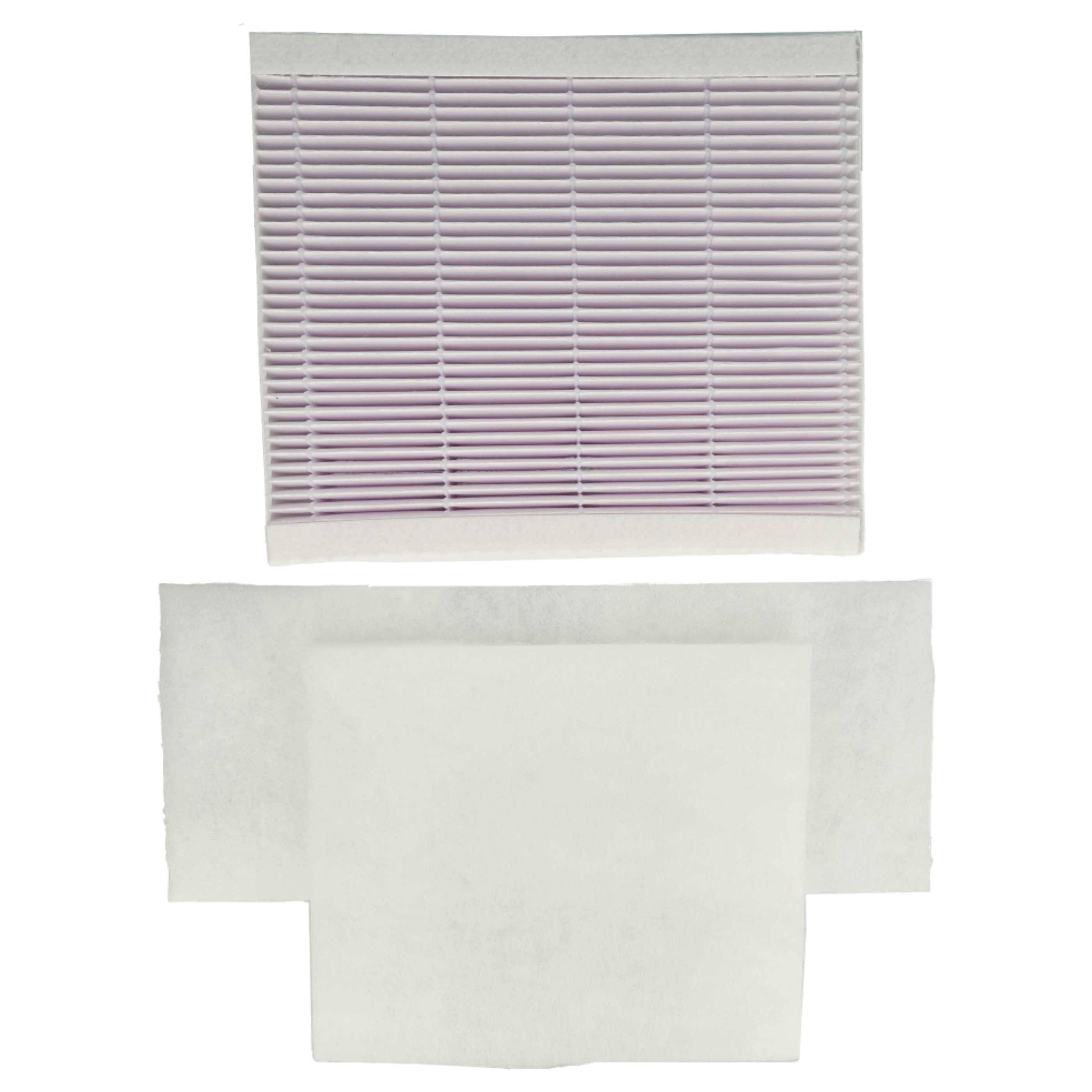Quadratischer Luftfilter mit violetten Falten und zwei weißen Filterschichten darunter angeordnet.