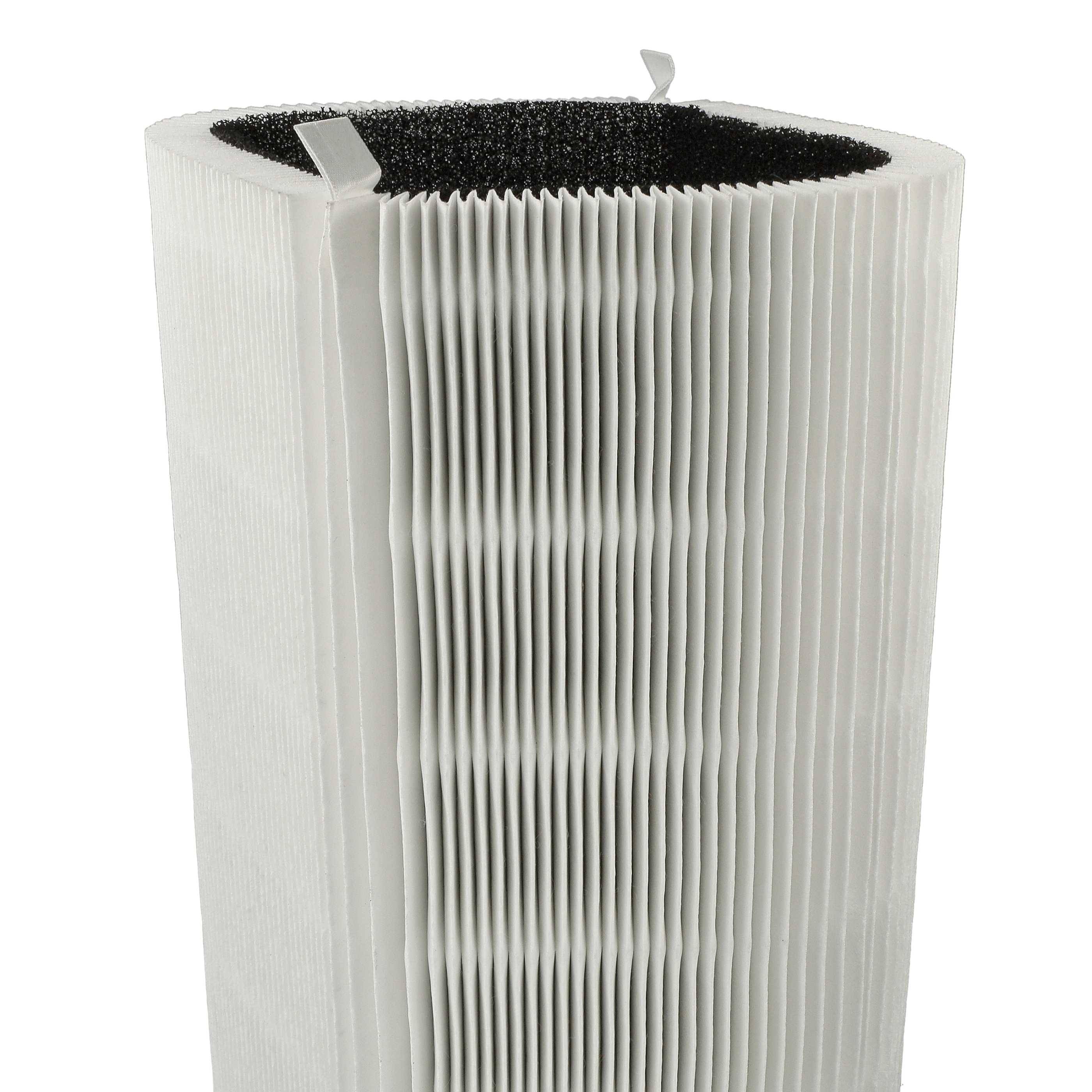Ein aufrechter weißer Luftfilter mit gefalteten Seiten und schwarzem Oberteil, entwickelt zur Erfassung von Staub und Allergenen aus der Luft.
