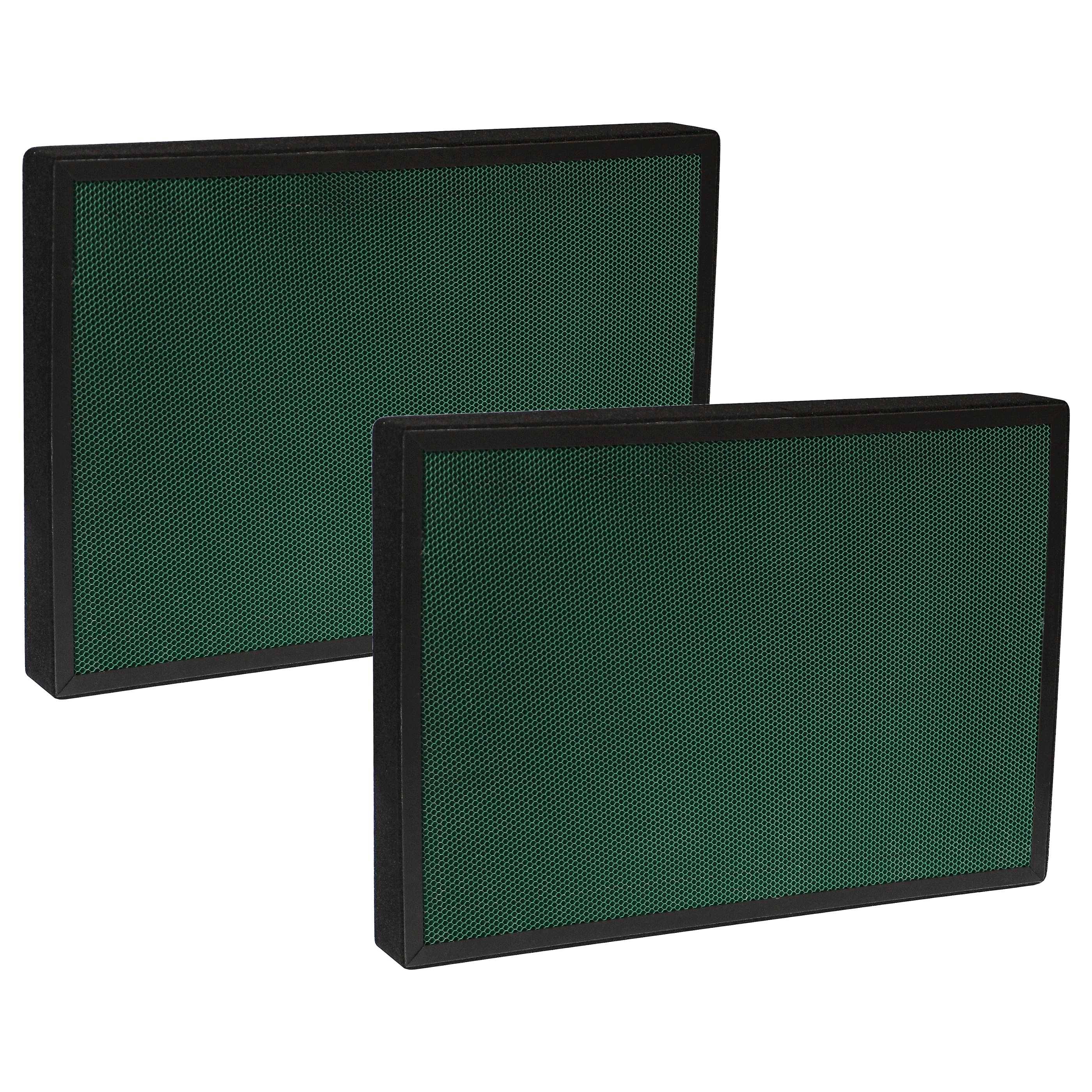 Zwei rechteckige grüne Luftfilter mit schwarzen Rahmen nebeneinander angeordnet, einer leicht vor dem anderen.