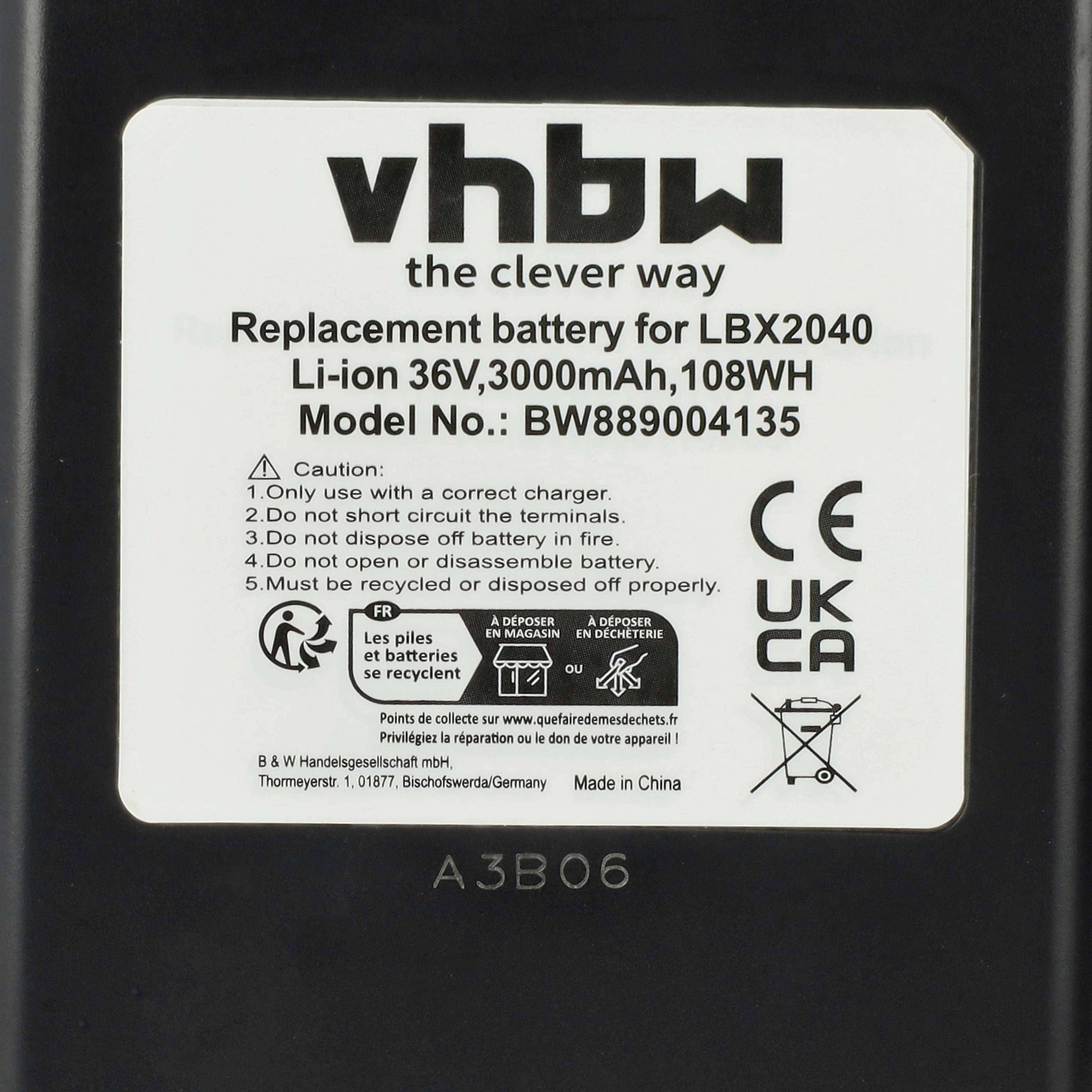 vhbw Akku kompatibel mit Black & Decker CLMA4820L2, CLMA4825L2-QW, CLM3825L2-QW, BCSTA536L1-QW Werkzeug (3000 mAh, Li-Ion, 36 V)