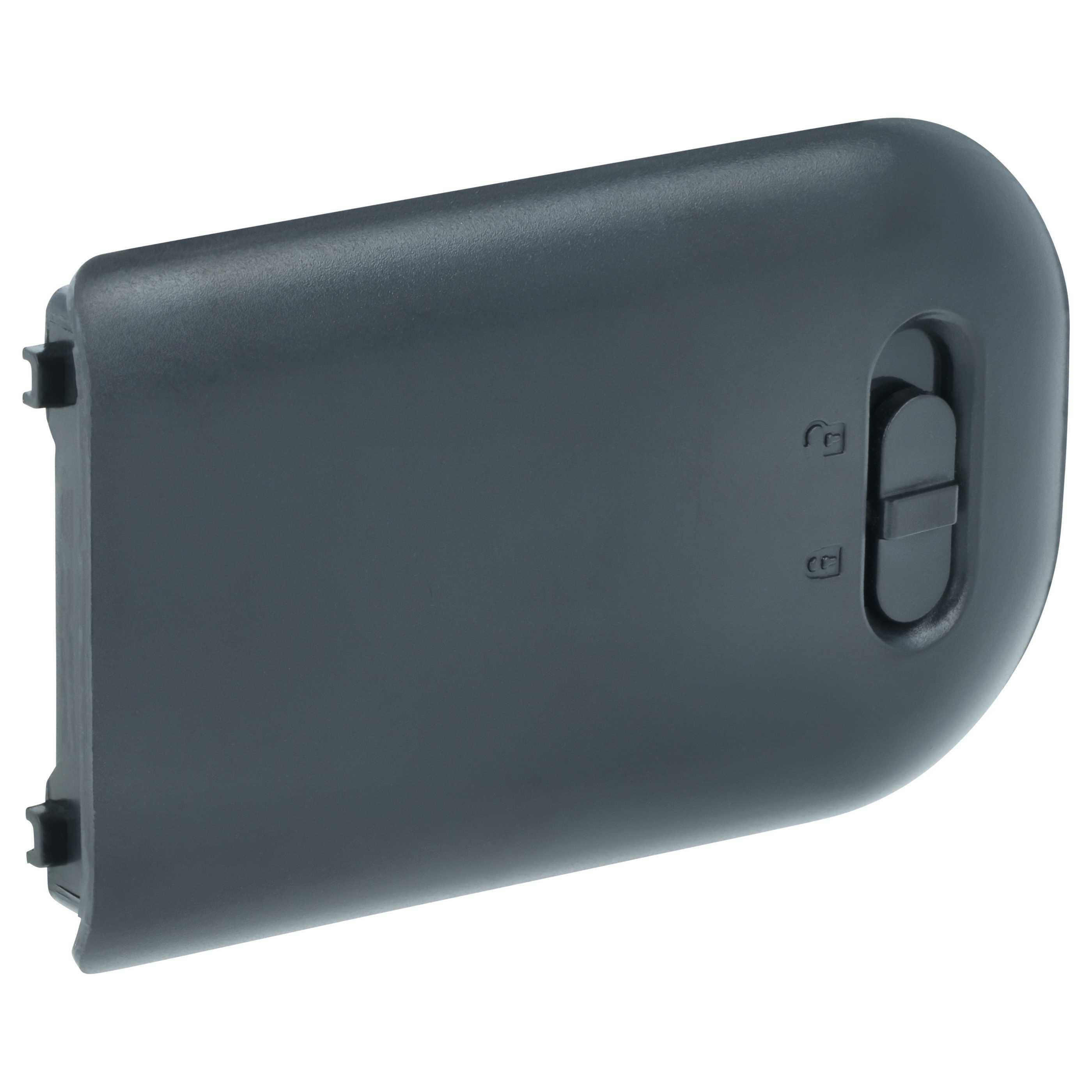 Eine schwarze Kunststoffbatteriabdeckung mit einem kleinen Verschlussmechanismus zum sicheren Befestigen.