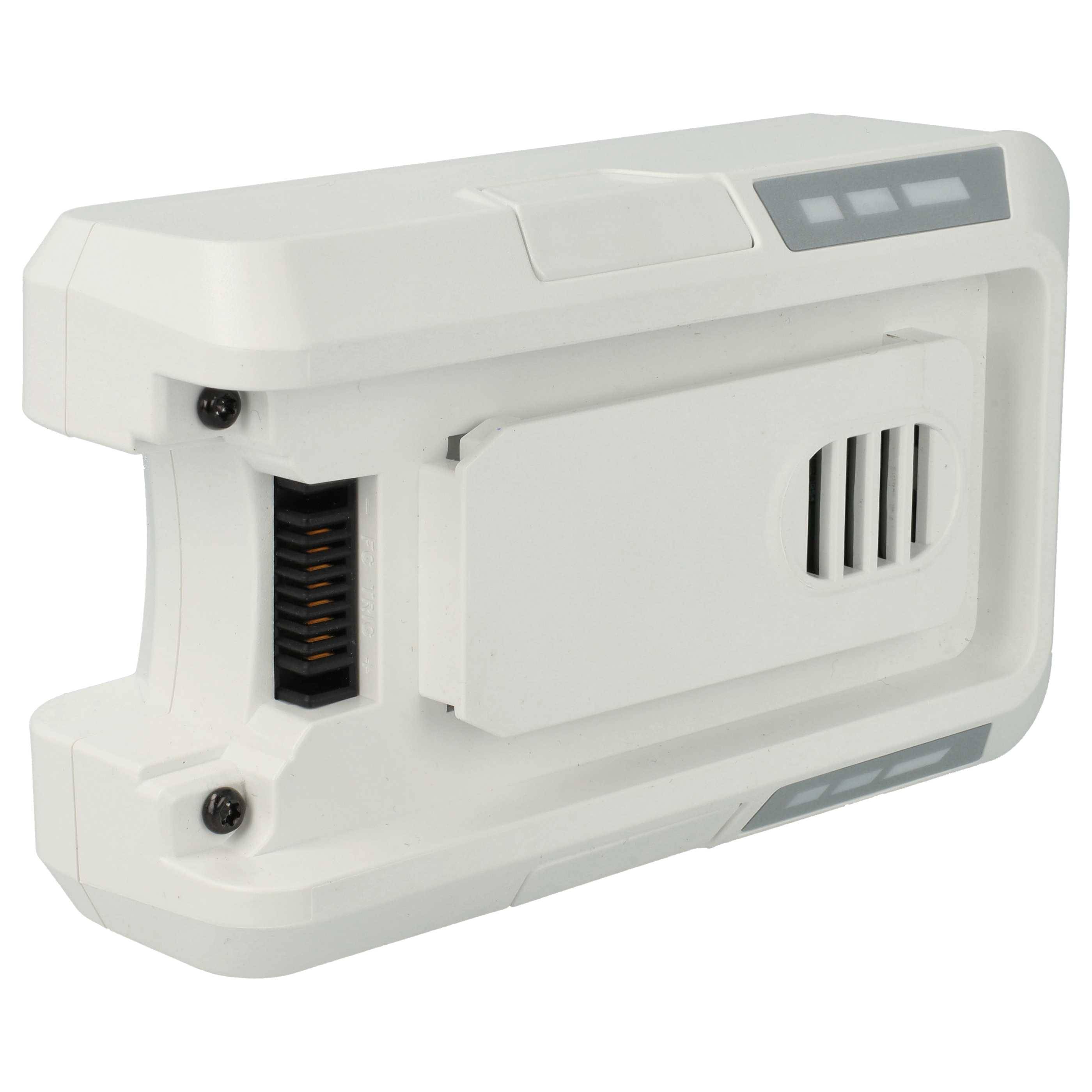 Weißes rechteckiges Batteriepaket mit Anschlussstiften und Belüftungsschlitzen auf einer Seite, konzipiert für die Kompatibilität mit Werkzeugen oder Geräten.