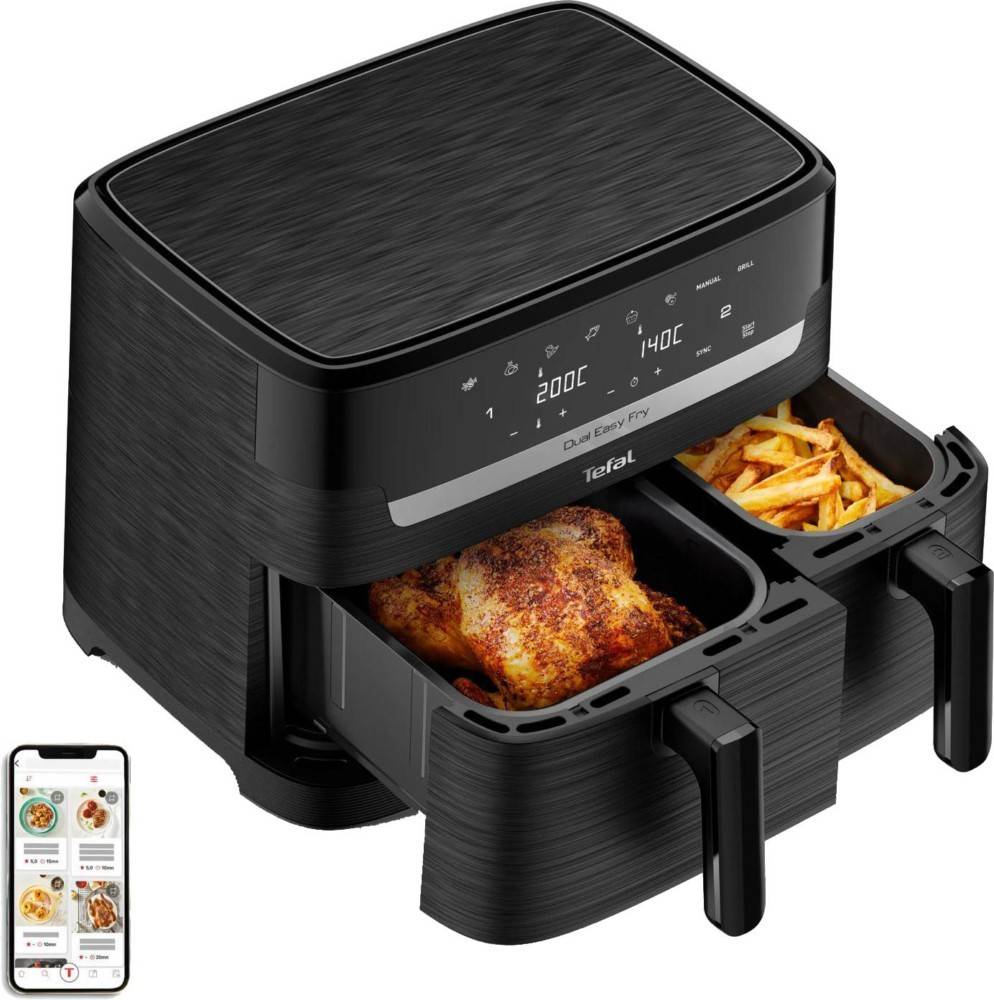 Schwarzer Dual-Schublade-Heißluftfritteur mit digitalem Display, kocht Hähnchen und Pommes; Smartphone-App unten links angezeigt.