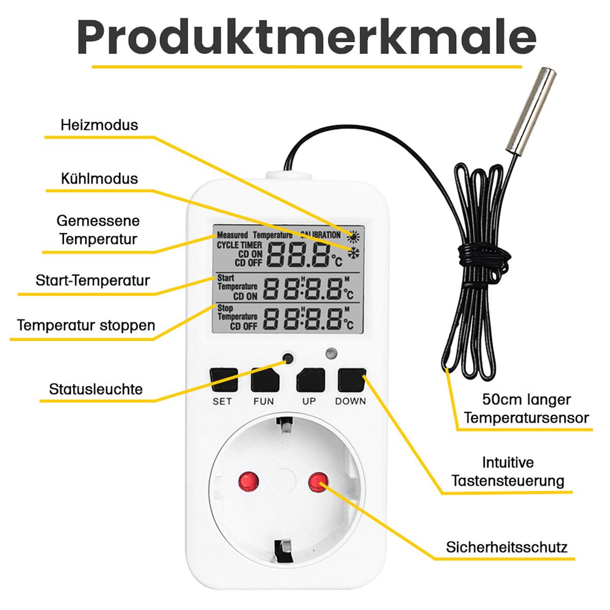 Temperaturregler für Steckdose mit Digitalanzeige und externem Sensor (50cm)