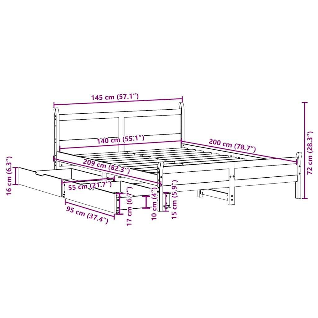 vidaXL Massivholzbett ohne Matratze Wachsbraun 140x200 cm Kiefernholz