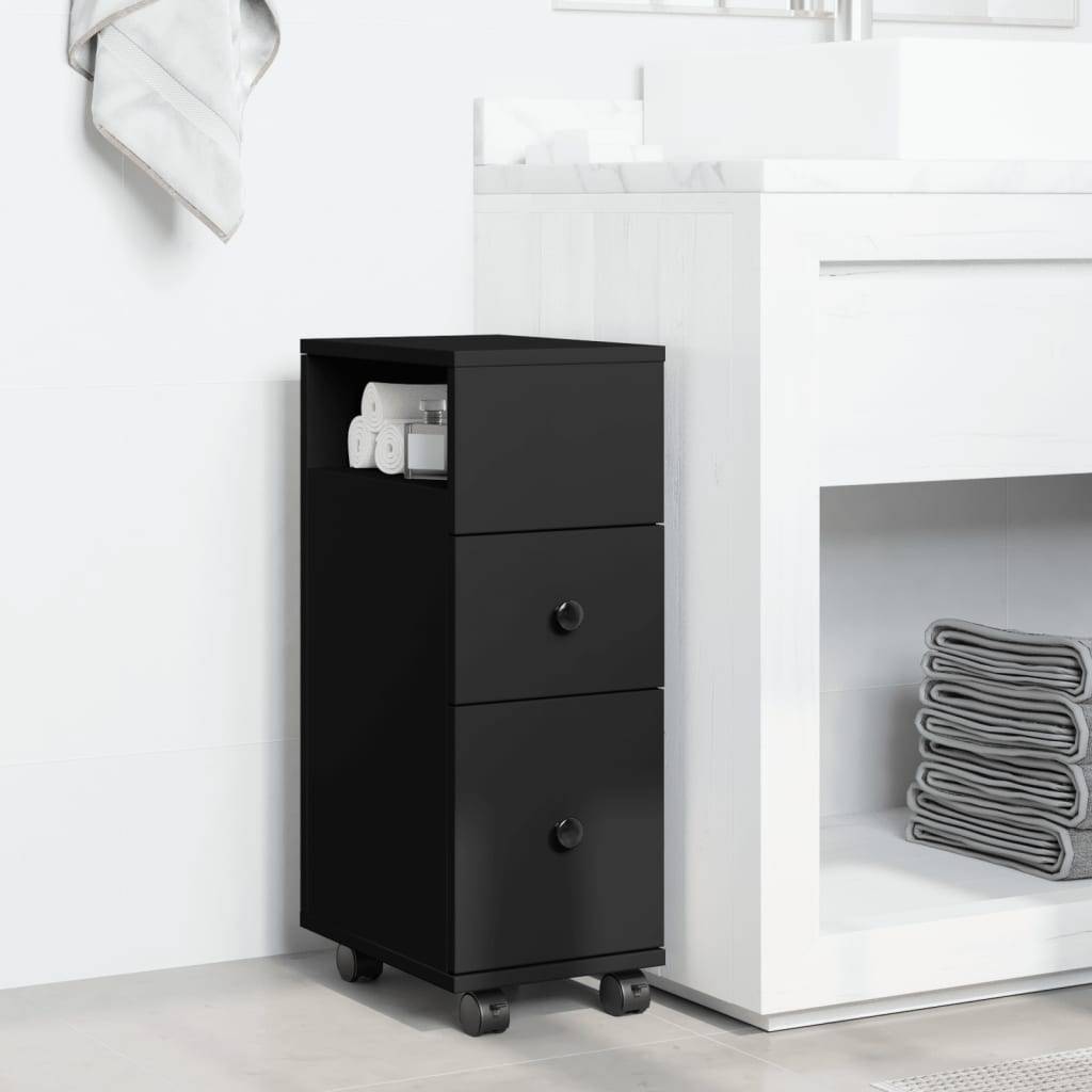 vidaXL Badschrank Schmal mit Rollen Schwarz Holzwerkstoff