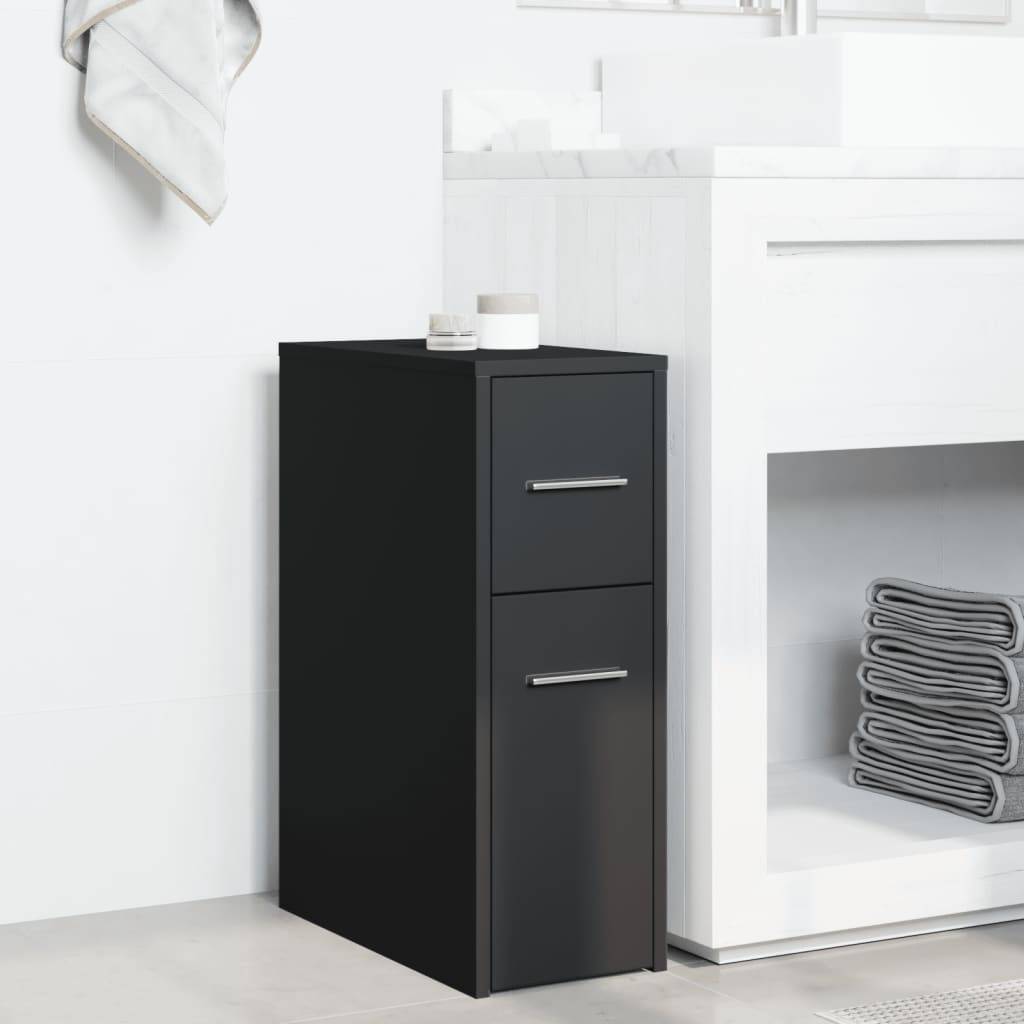 vidaXL Badschrank Schmal mit Rollen Schwarz Holzwerkstoff