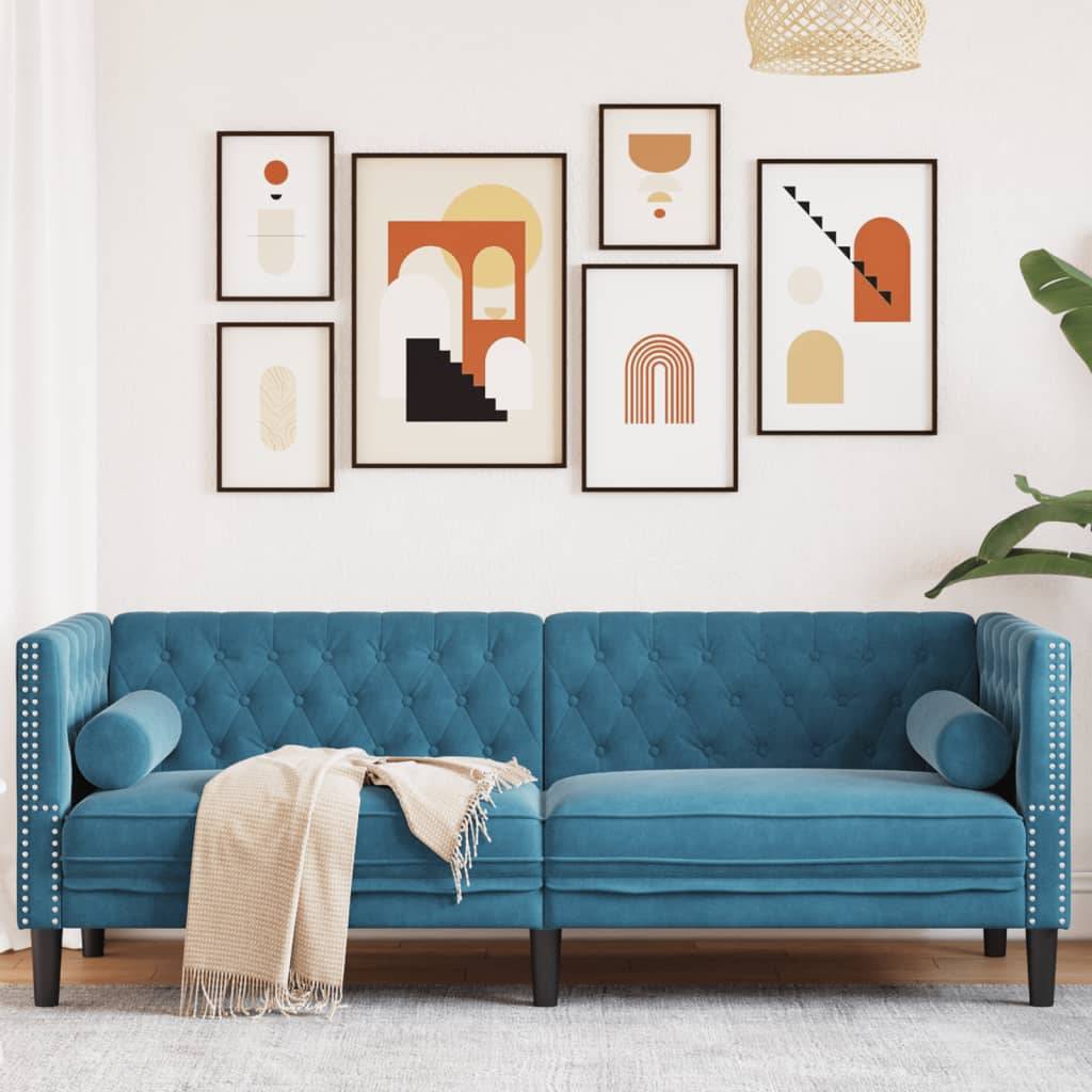 vidaXL Chesterfield-Sofa mit Nackenrollen 3-Sitzer Blau Samt