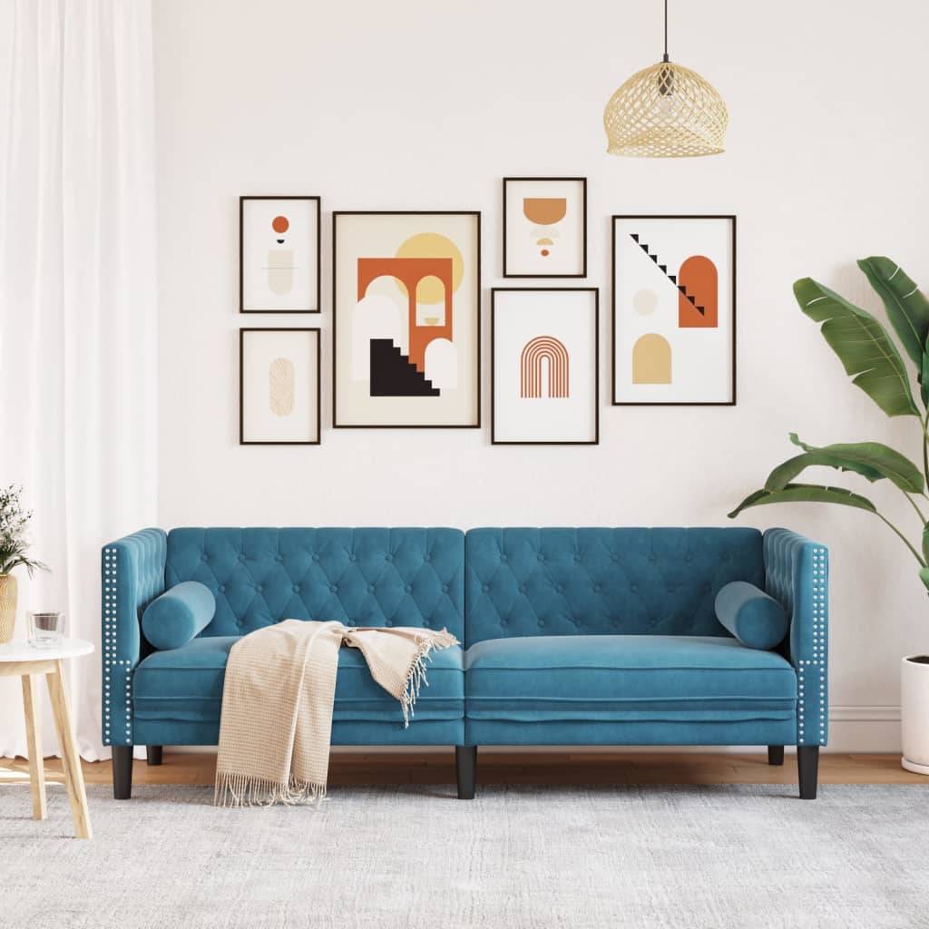 vidaXL Chesterfield-Sofa mit Nackenrollen 3-Sitzer Blau Samt