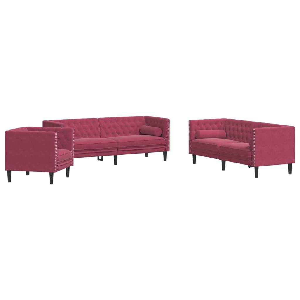 vidaXL 3-tlg. Chesterfield-Sofa-Set mit Nackenrollen Weinrot Samt