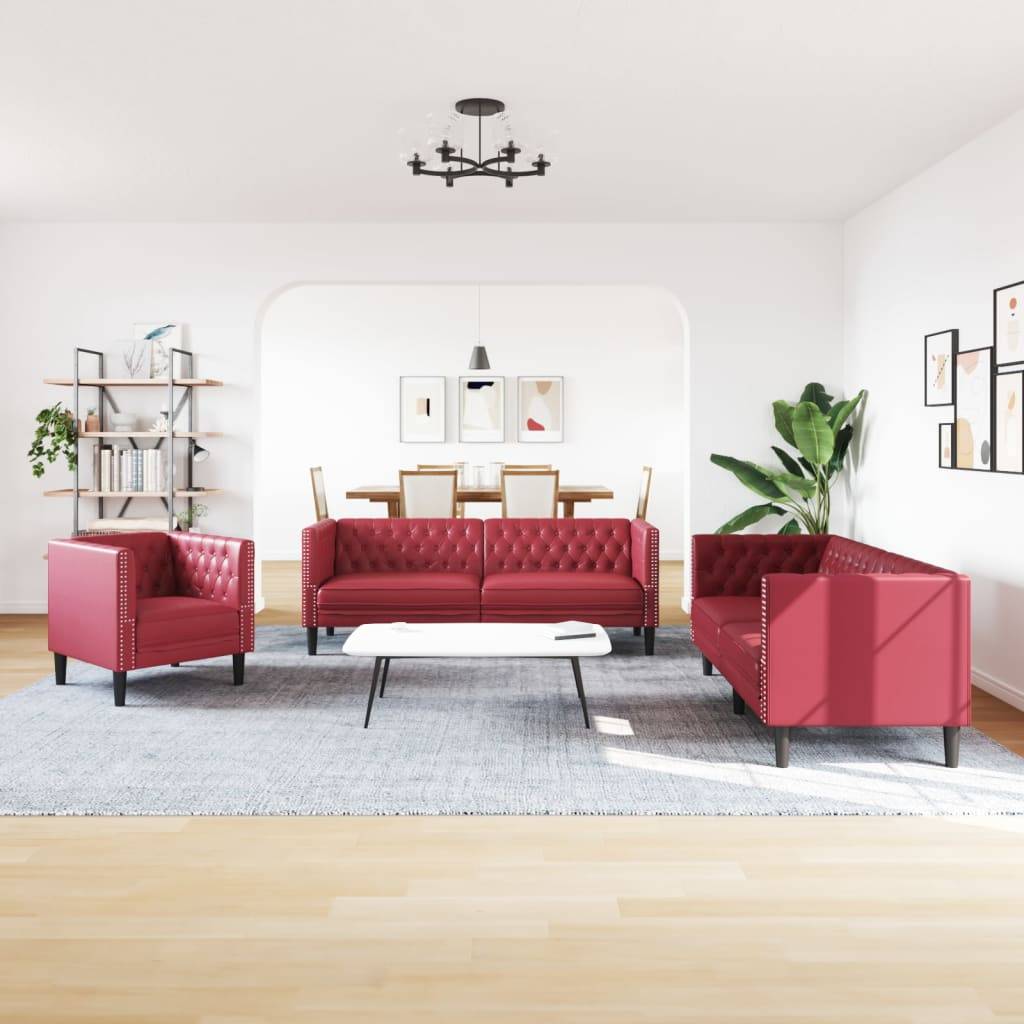 vidaXL 3-tlg. Chesterfield-Sofa-Set mit Nackenrollen Weinrot Samt