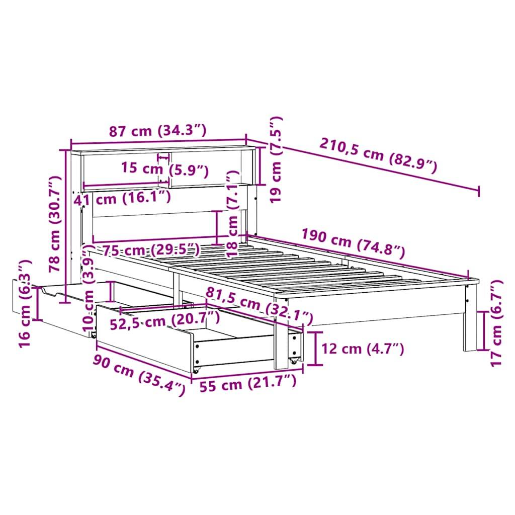 vidaXL Massivholzbett mit Regal ohne Matratze Wachsbraun 75x190 cm