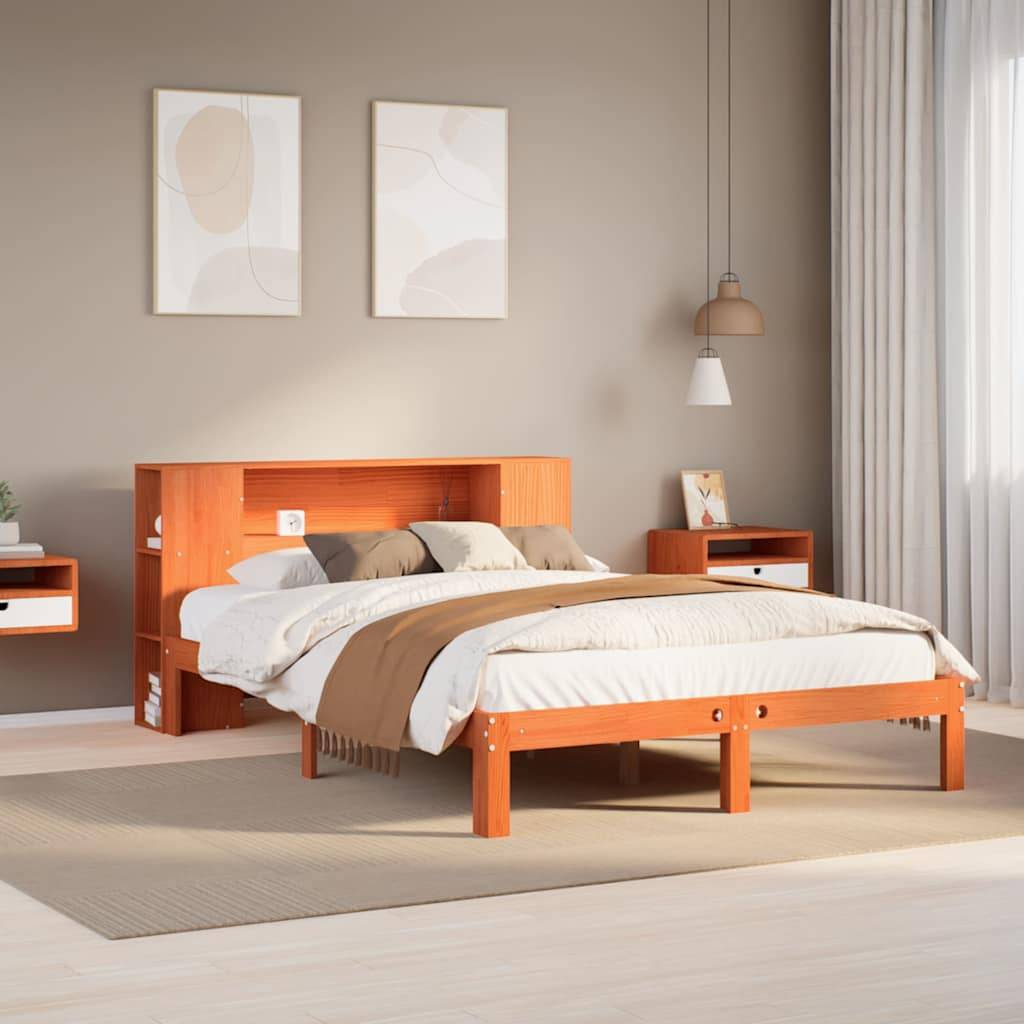 vidaXL Massivholzbett mit Regal ohne Matratze Wachsbraun 135x190 cm